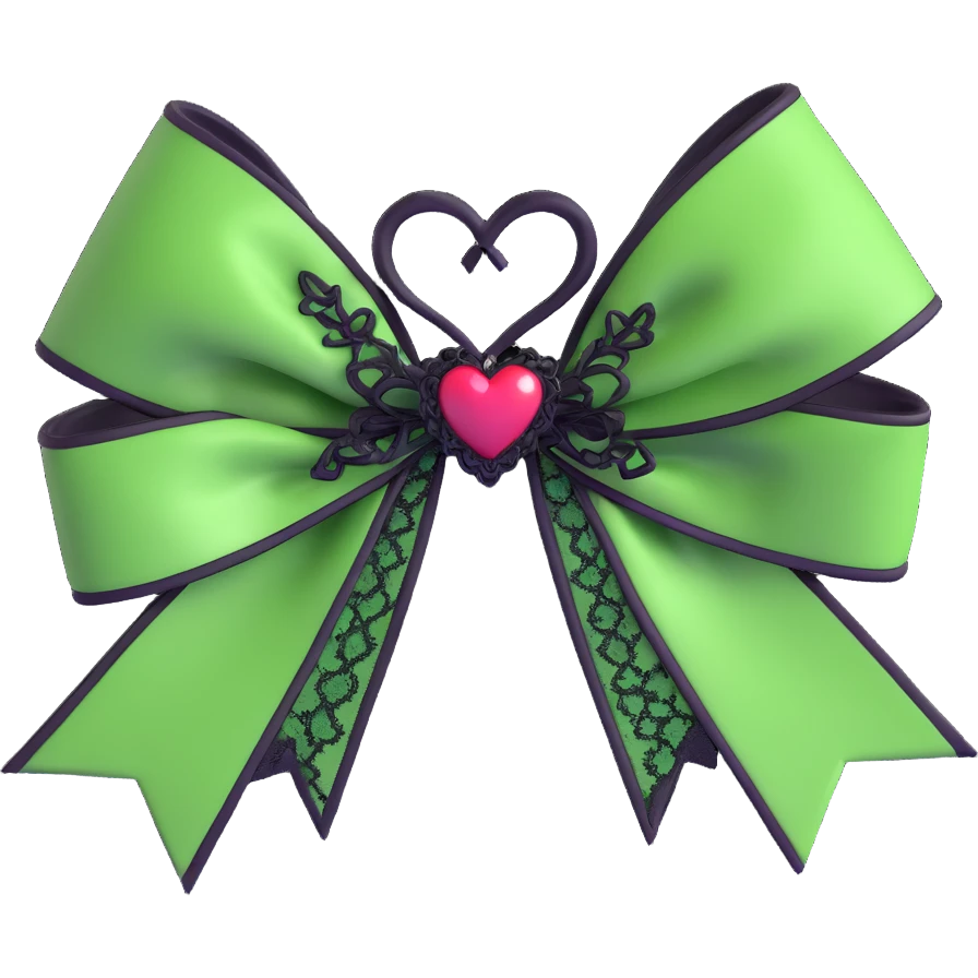 green gothic bow with black lace trim and heart charm, remove background emoji
