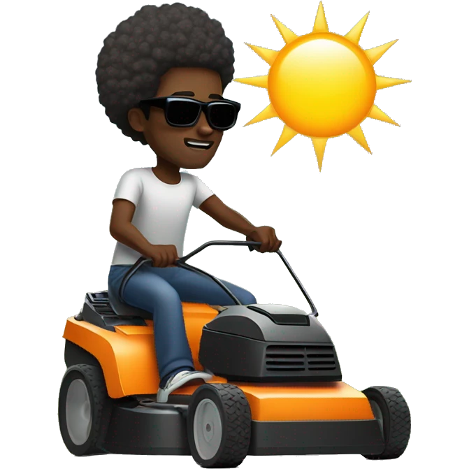 Black man with afro and sunglasses pushing a lawnmower and listening to music with sun rising in background emoji