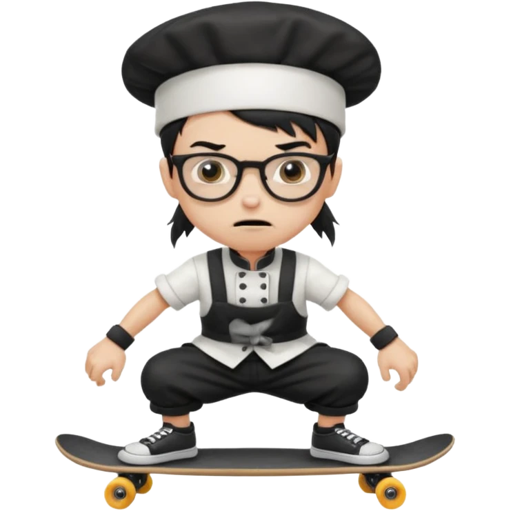 ["An angry boy , ponytail, wearing a chef hat and square glasses, dressed in goth fashion, is skateboarding while holding a backpack."] emoji