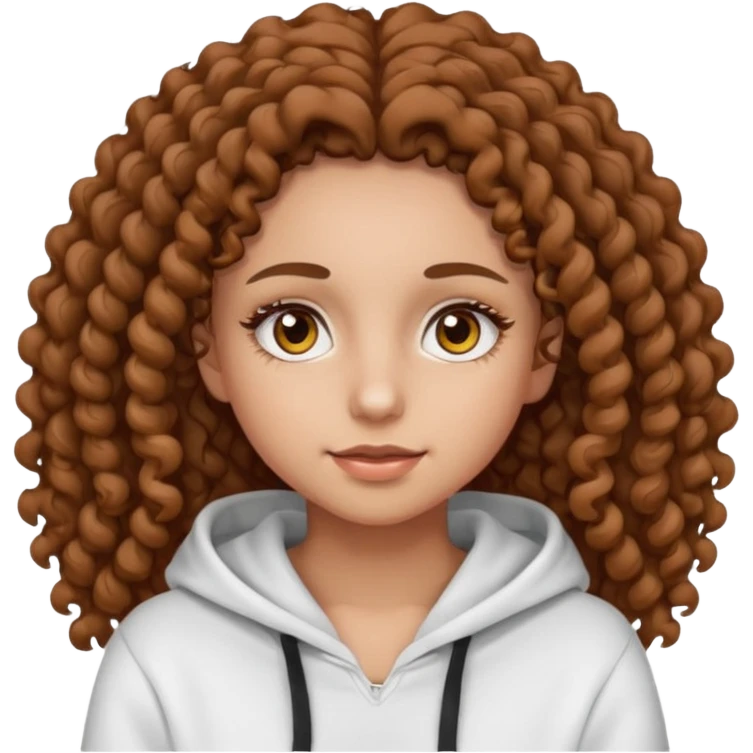 Una ragazza con una felpa semplice bianca,ha gli occhi marroni,i capelli marroni  , c’è gli ha lunghi e ricci molto ricci  ma non troppo e ha le ciglia stile emoji apple emoji