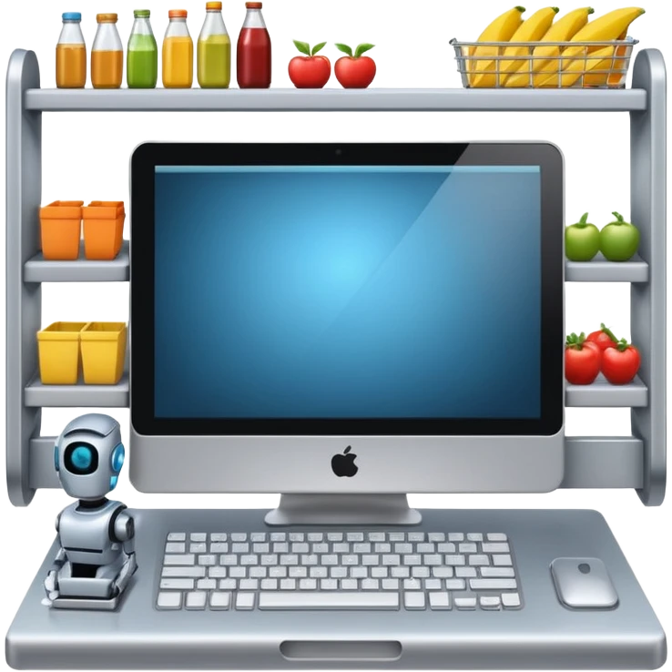 Grocery shelf design on a computer with a robot at the keyboard emoji