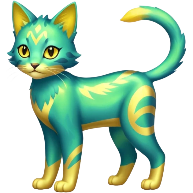Shiny Iridescent Smooth Soft Glossy Green and Yellow Electrike-Lucretia-Luxray-Sprigatito-Bobcat-Amaura-Aurorus-Shiny-glorp-cat-fusion (full body) emoji