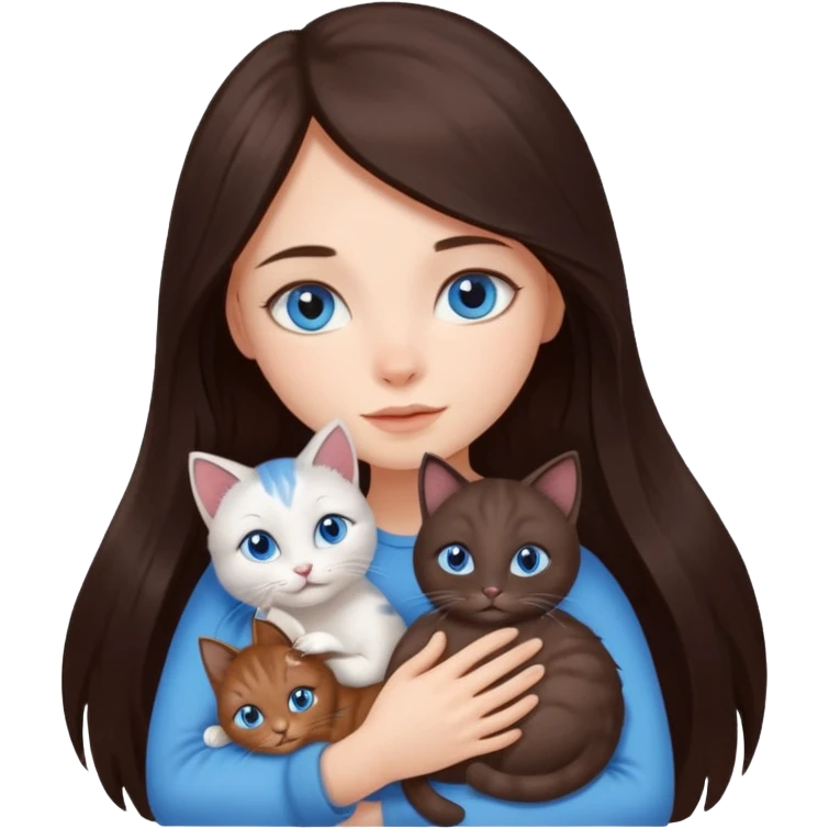 a pretty girl with long dark 
brown hair, with blue eyes, hugs 3 different natural coloured small cats emoji
