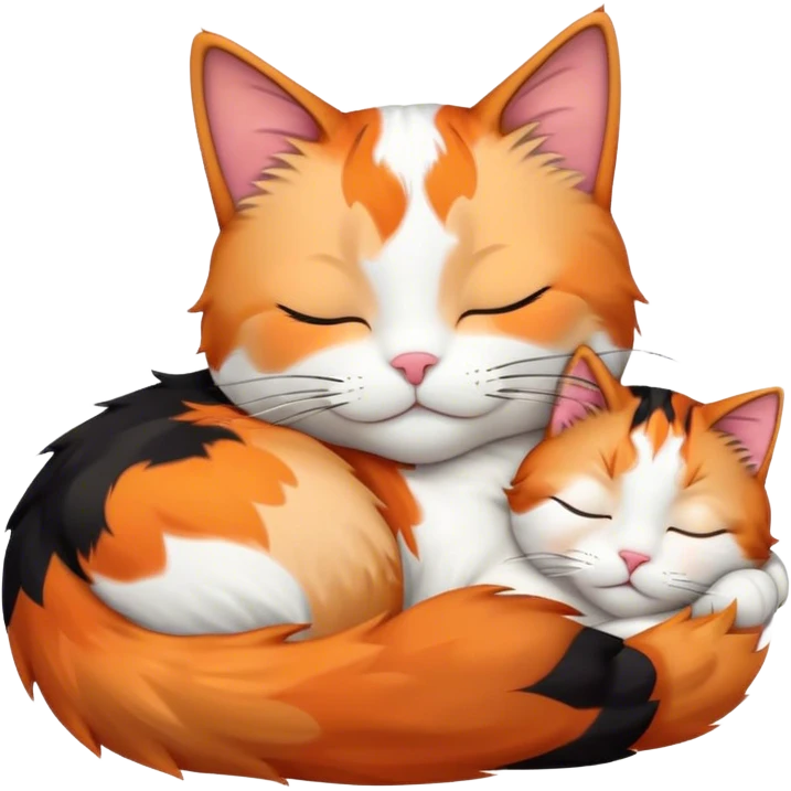 Meme-Worthy Cute Sleeping Calico Cat Portrait Emoji, Head resting peacefully with a content, gentle smile and softly closed eyes, featuring a delicate patchwork fur in vibrant orange, black, and white hues, simplified yet irresistibly endearing, highly detailed, glowing with a soft, drowsy radiance, high shine, exuding relaxed and utterly lovable charm, styled with a gentle, soft glowing outline, capturing the essence of a sleeping calico cat that appears destined to become a viral icon of adorable rest! emoji