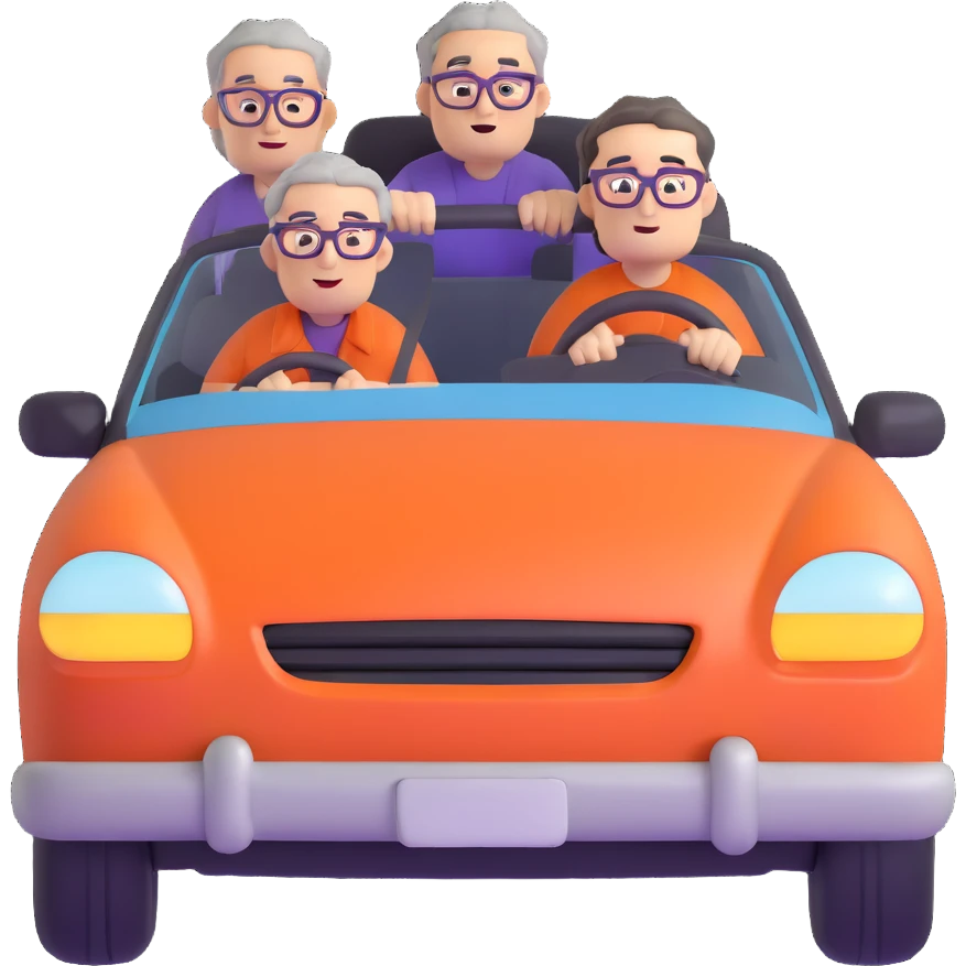 front view of an orange car with three people inside: driver male with chubby face, light stubble, purple shirt; front passenger middle-aged male with round face, gray hair, glasses, checkered shirt; rear passenger male with sharp face, black hair, glasses, black t-shirt emoji