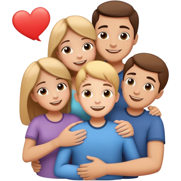 family hugging with a speech bubble saying I love you, cheerful and expressive emoji