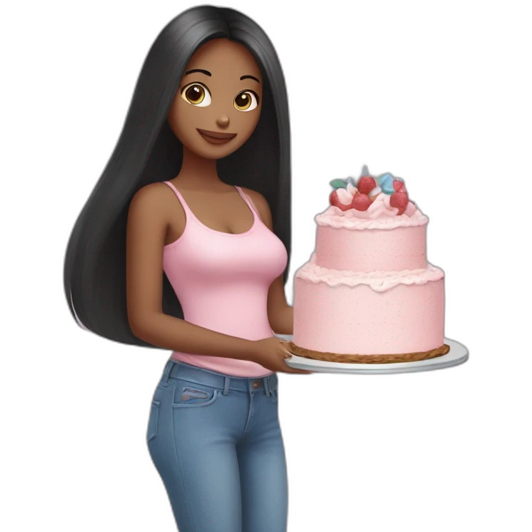 Thin fair girl with little long face and long black straight hairs, in baby pink top and blue jeans holding a cake  emoji