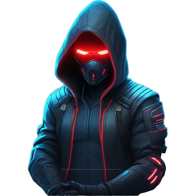 developer behind his laptop with this style : crysis Cyberpunk Valorant neon glowing bright red character blue black hooded assassin themed character emoji