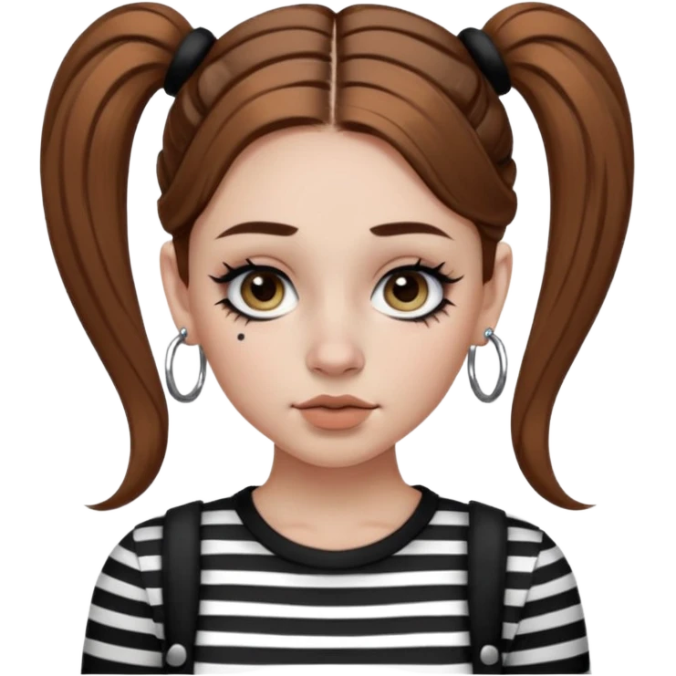 a white girl with brown hair in very low pigtails black eyeliner big false eyelashes with a septum piercing nose piercing big hoop earings dermals close to the eyes one on each side wearing a black and white striped long sleeve shirt emoji