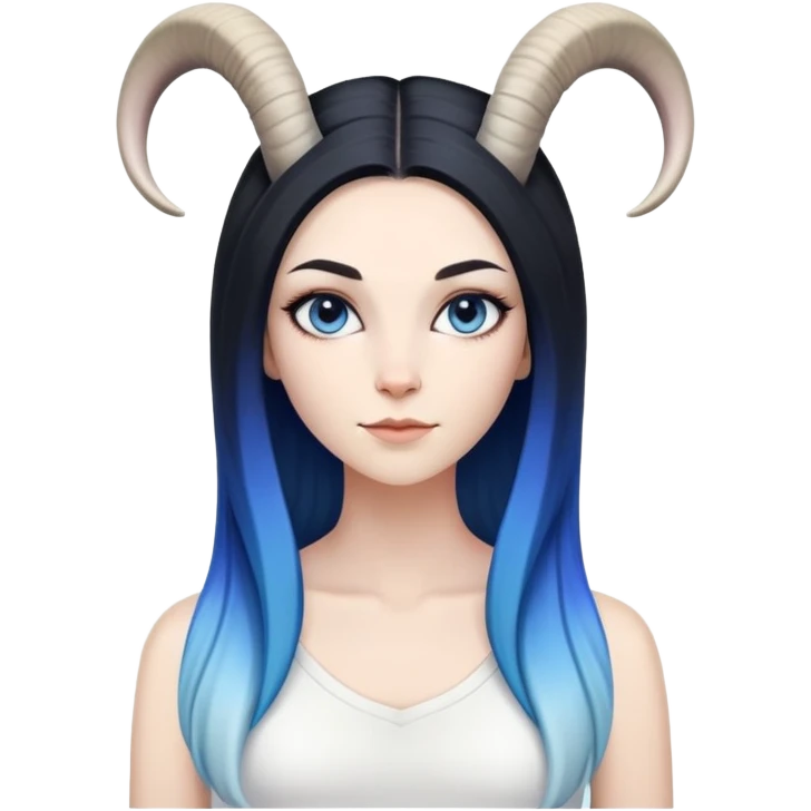Art of a human white woman's very perfect body scheme anatomy-very long straight black to blue hair ombre-small goat horns-lean back emoji