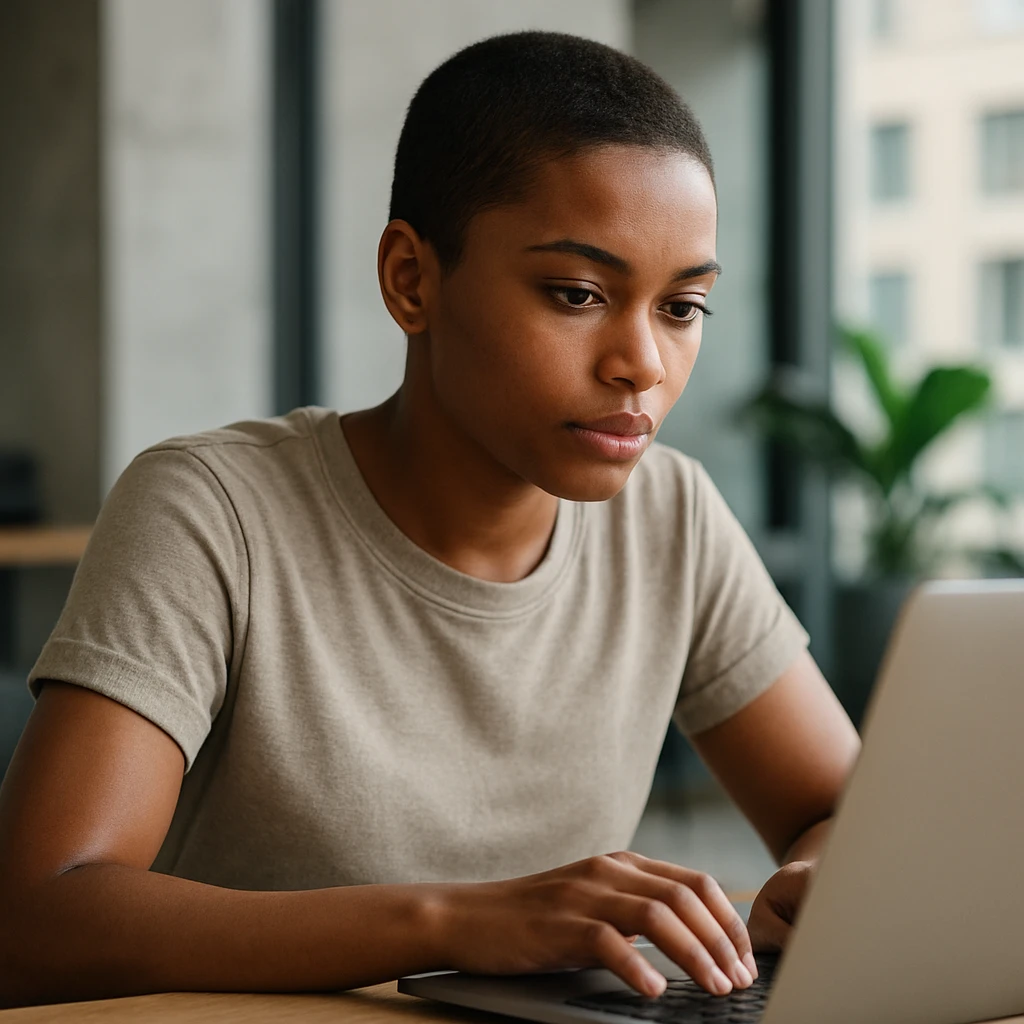 A short-haired girl with a dark complexion, white ethnicity, working on a laptop, modern setting, realistic style, natural lighting, detailed emoji