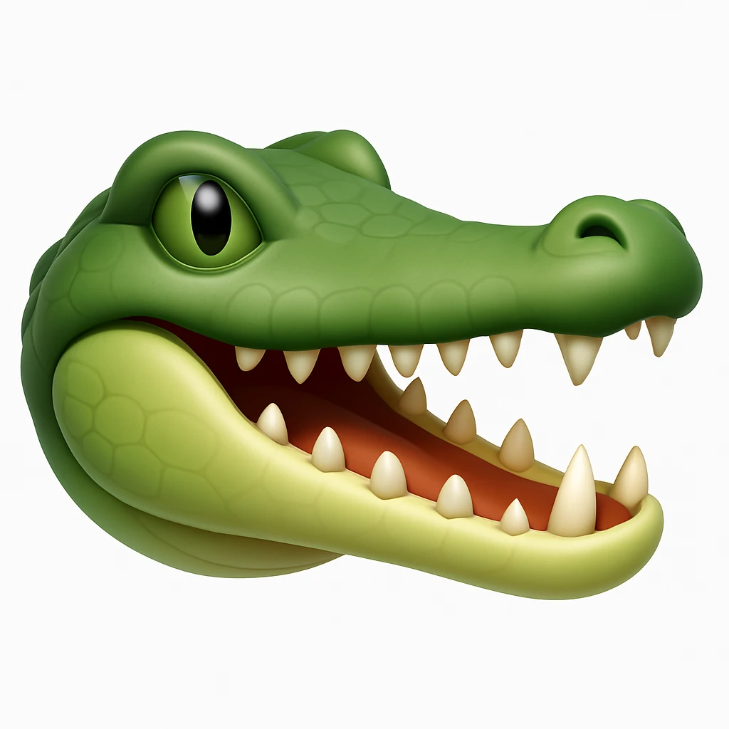 Create a crocodile emoji that looks exactly like the reference image in iOS emoji style. The emoji should be 3D with shiny, smooth gradients, soft shadows, and a realistic crocodile head with green scales and an open mouth, capturing the classic emoji look. emoji