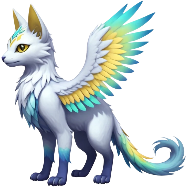 White Iridescent Colorful Exotic White, Gold, Yellow, Silver, Beaked Feathery Nocturnal Neon-glowing Abyssal Lightly Heaven-Cat-Gryphon-Suicune-Nargacuga-Silvally-Vernid-Sergal-Fakémon-Hybrid-Creature with tufted tail (full body) emoji