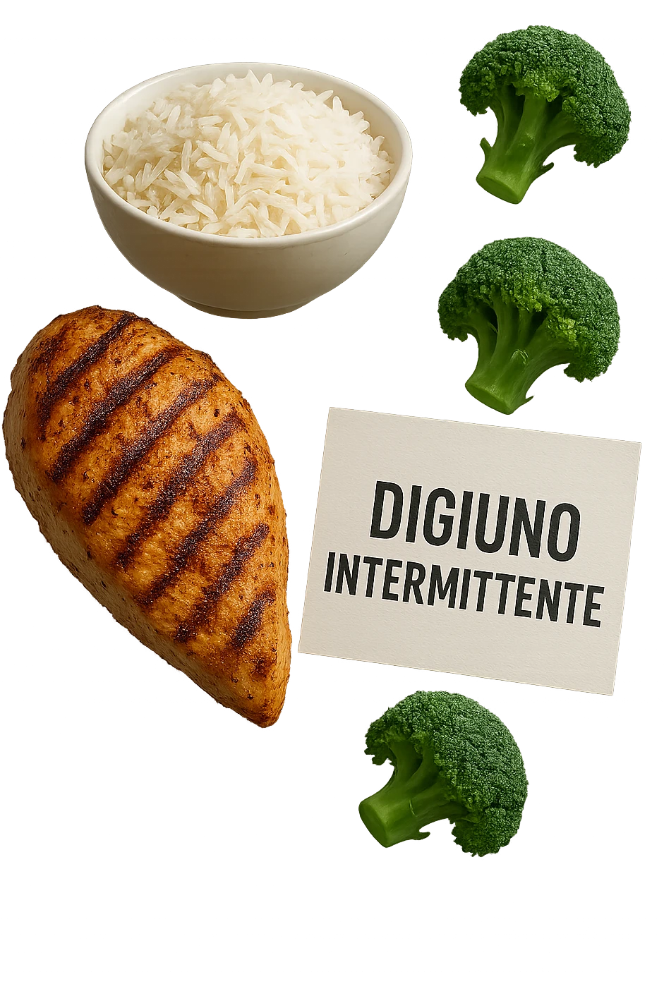 petto di pollo grigliato, bowl di riso basmati e broccoletti fluttuano in aria insieme ad un foglio con la scritta "DIGIUNO INTERMITTENTE", iperrealistico 4k emoji