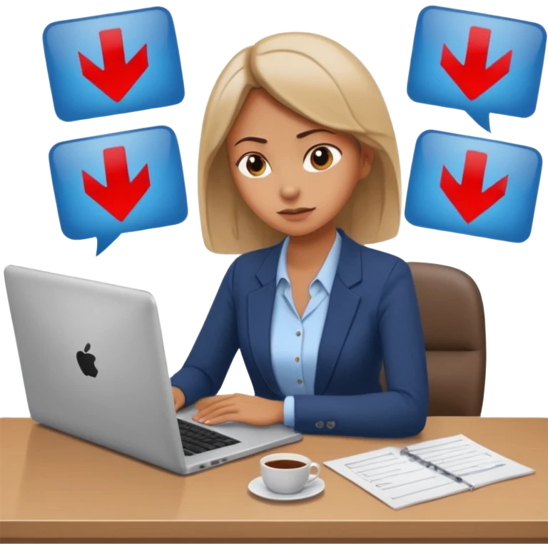 Chica con Estrés laboral en la oficina y mala postura en su laptop con dolor de espalda  emoji