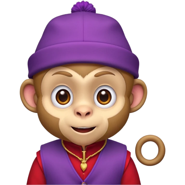 Cute monkey inspired by Abu from Aladdin, big expressive eyes, purple vest, red fez hat, mischievous grin. Emoji-style, bold outlines, bright colors, centered face on transparent background, high quality, vector style. emoji