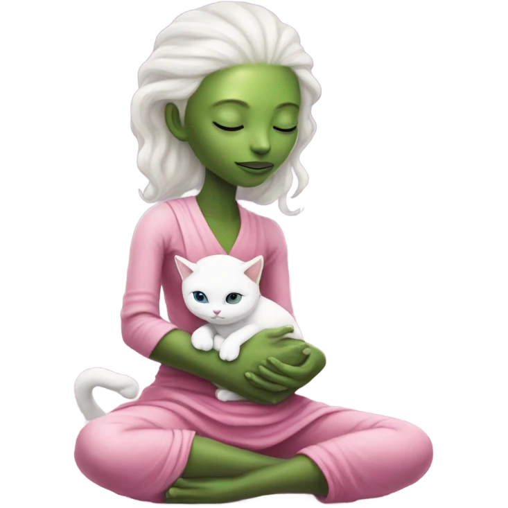 Reptilian alien woman, in meditation pink dress hugs a white cat emoji