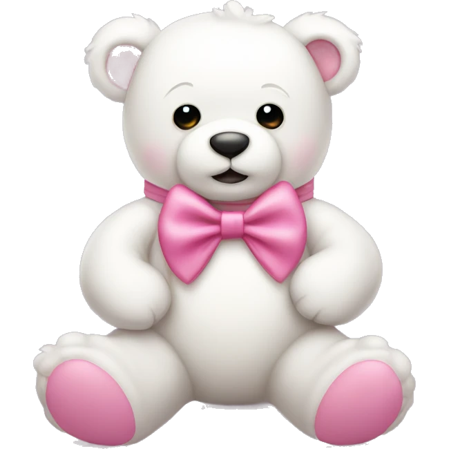 white teddy bear wearing a pink bow and holding a pink hart emoji