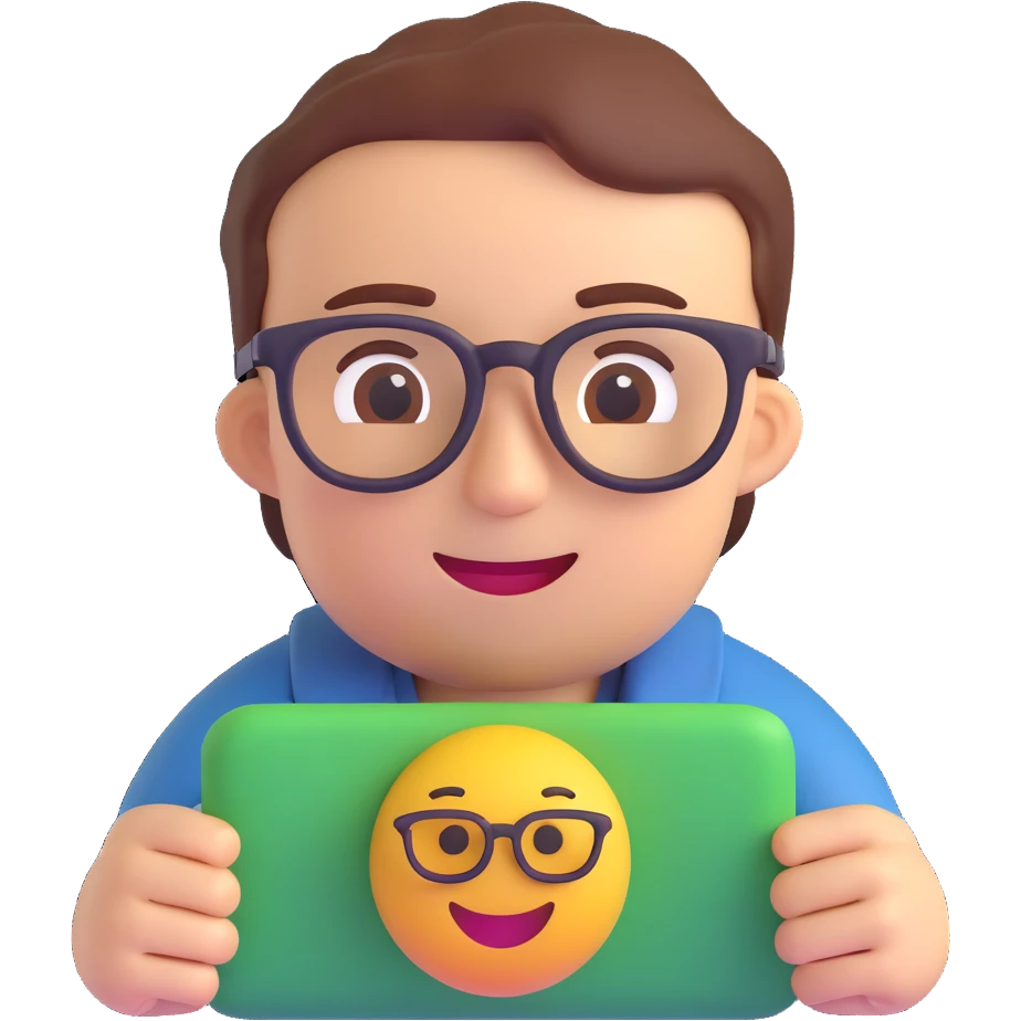 coder wearing glasses, cheerful expression, 3D emoji style emoji
