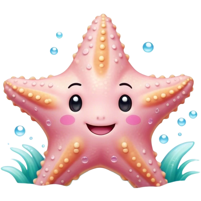 Cinematic cute round starfish, pastel pink, soft bumpy texture, tiny happy face, slightly tilted, glowing warmly, sparkling with gentle ocean magic. emoji