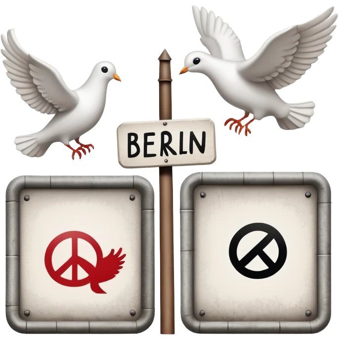 close-up of protest signs with peace dove and Berlin Wall, 1950s and 60s emoji