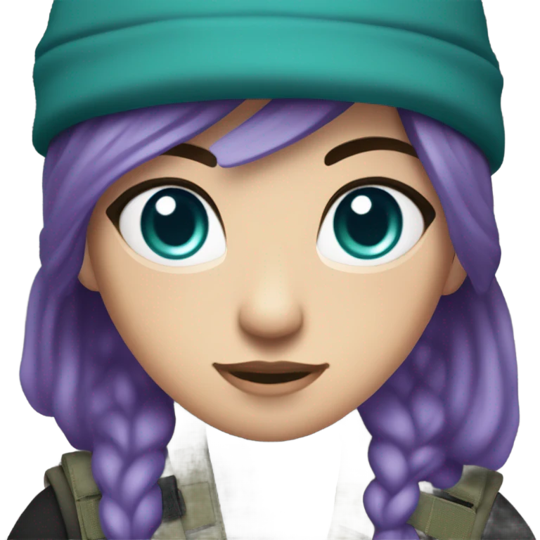White Girl, tactical vest, dark pants, long teal and purple hair, blue eyes, purple beanie hat, knife, black combat boots emoji