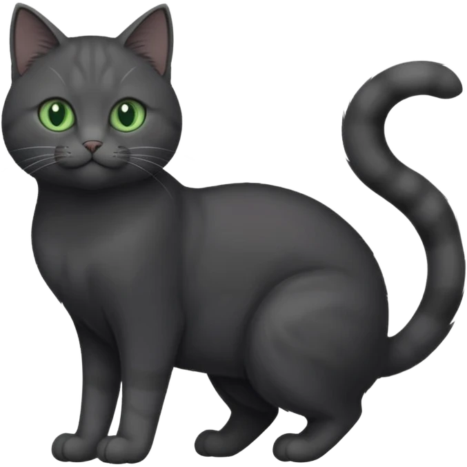 full body gorgeous solid dark grey cat with green eyes, white paws and white whiskers stretching like a cat emoji
