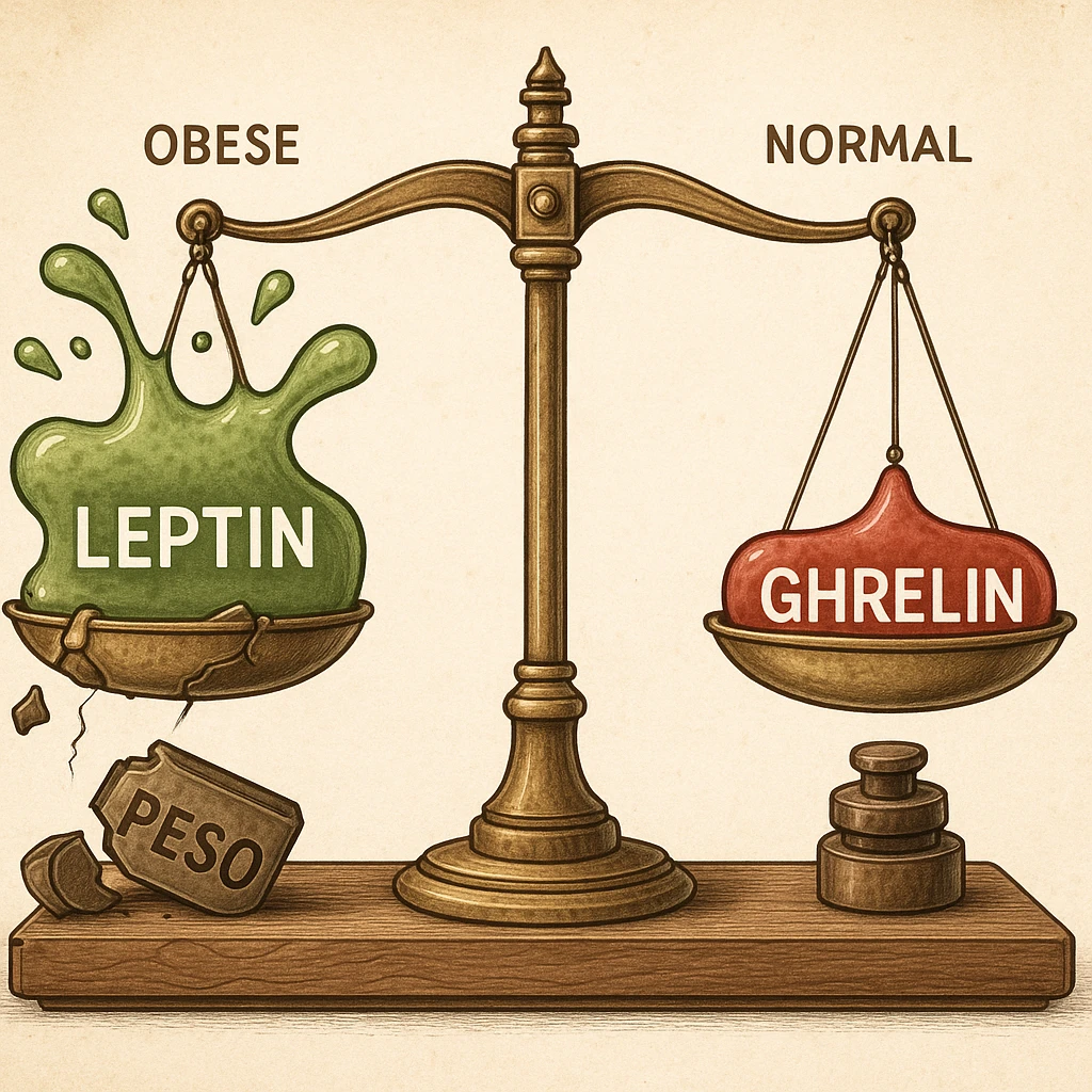 endocrinology diagram of a balance scale with leptin in green and ghrelin in red; obese side with overflowing leptin, scale blocked, broken weights labeled 'Peso'; normal weight side with balanced scale; medical illustration, detailed, 4K resolution emoji
