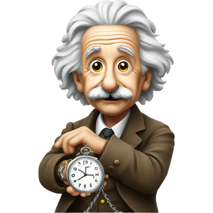 Albert Einstein holding an antique watch on a chain emoji