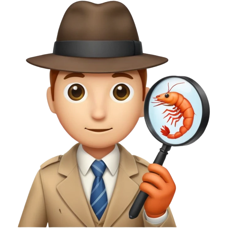 Classic iOS shrimp in the form of a detective in a tie and a hat with a magnifying glass emoji