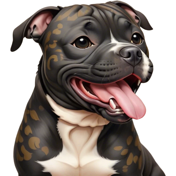 Cinematic Cute Yawning Black/Brindle Staffordshire Bull Terrier Portrait Emoji, Head tilted slightly with a dramatic, wide-open yawn, showcasing a smooth Fur with a striking black and brindle pattern, floppy ears slightly drooping, round dark eyes barely open in drowsy contentment, Simplified yet irresistibly adorable features, highly detailed, glowing with a soft, cozy glow, high shine, relaxed yet expressive, stylized with a touch of whimsy, bright and endearing, soft glowing outline, capturing the essence of a sleepy yet affectionate guardian, so drowsy it feels like it could stretch right out of the screen and curl up for a nap! emoji