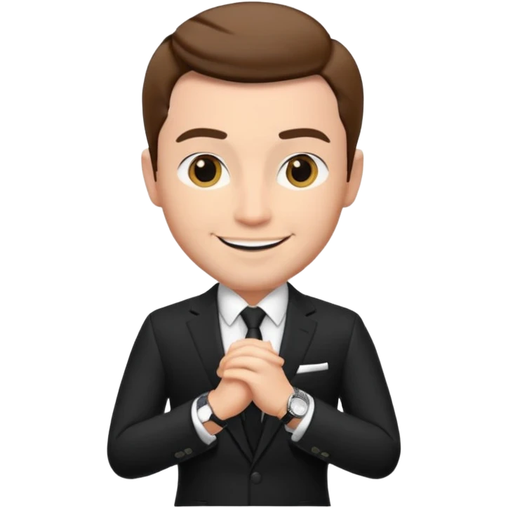 handsome male memoji, wearing a tailored black suit, luxury watch, confident smile, charismatic businessman vibe emoji