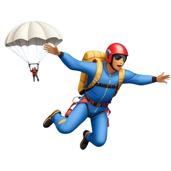 A base jumper soaring through the sky, with a parachute deployed, gliding over a dramatic cliffside or tall building. The background showcases a vast landscape below, with clouds and open skies, emphasizing the adrenaline and freedom of the sport emoji