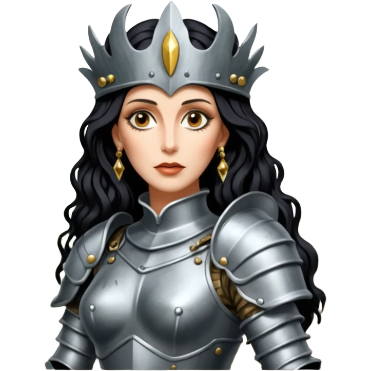realistic cinematic actress Cher in baroque styling like Joan of Arc dirty damaged armor in a forest emoji