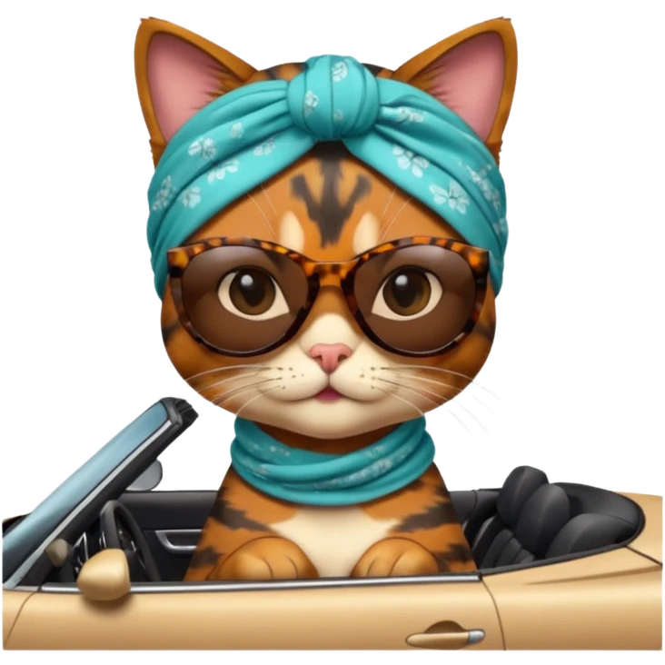 Tortoiseshell cat in a convertible wearing sunglasses and a head scarf emoji