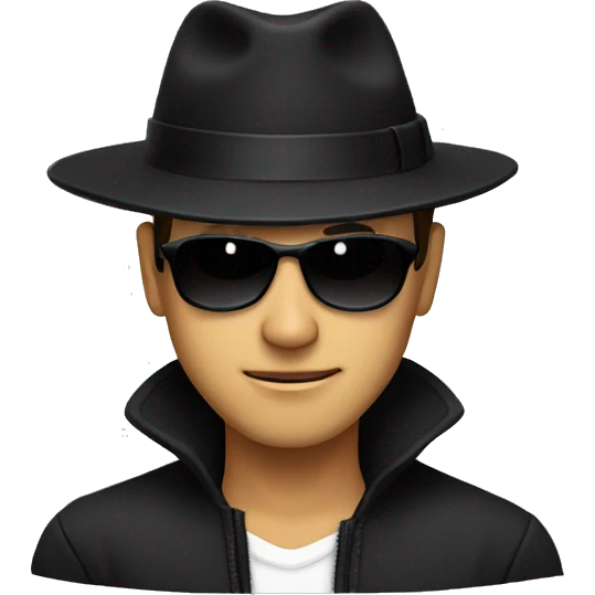 cool guy with black hat, black eyes emoji