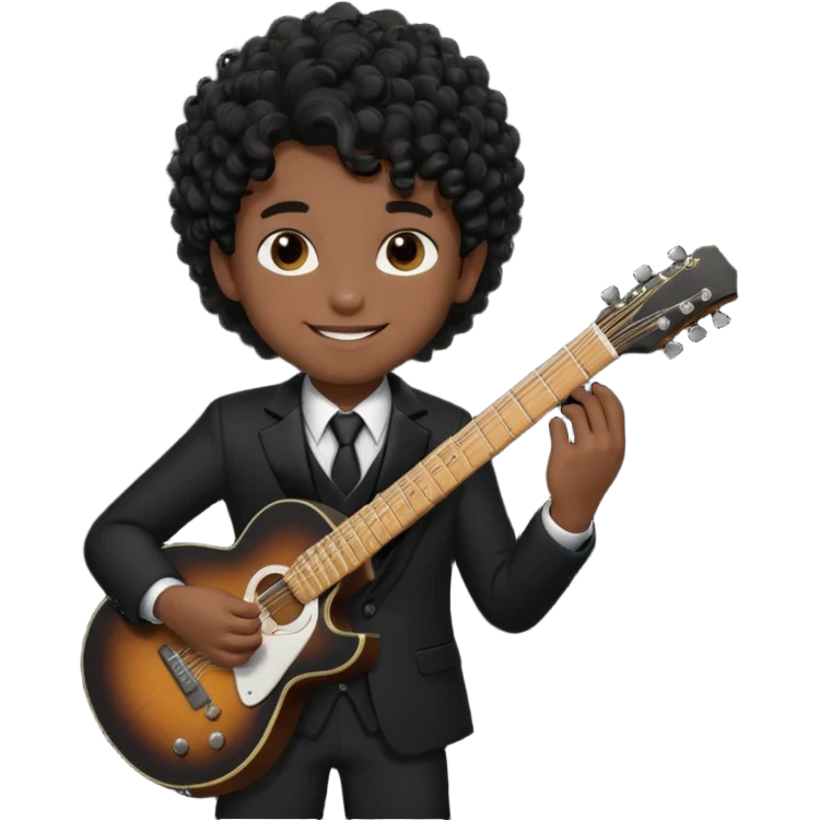 A boy with black fade curly hair Smiling and holdijg a guitar in a black suit  emoji