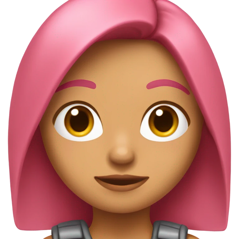 Chica pelo cobrizo con cámara rosa en mano como preparada para grabar emoji