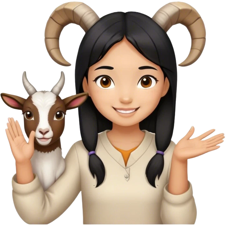Asian girl with black hair and tanned skin, brown eyes smiling and holding hands with goat gesture emoji