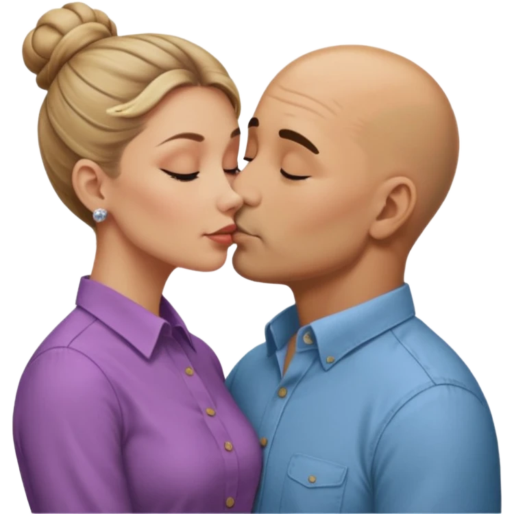 Mid aged Hispanic bald man kissing mid aged dark blonde white woman. She’s wearing a bun. He’s wearing a button down shirt. emoji