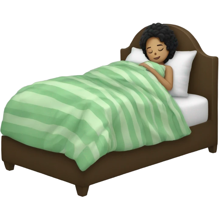 white girl with curly black hair sleeping in a bed with faded green striped comforters emoji