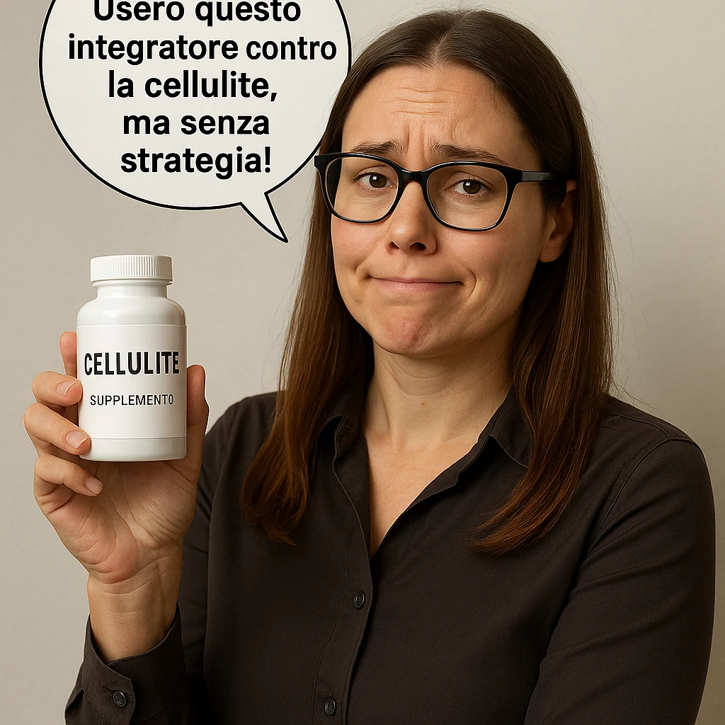 Create a hyperrealistic image of a woman similar to the reference photo. She is holding a supplement and saying: "userò questo integratore contro la cellulite, ma senza strategia!". Her expression is a mix of hope and uncertainty. The style is realistic with a neutral environment. emoji