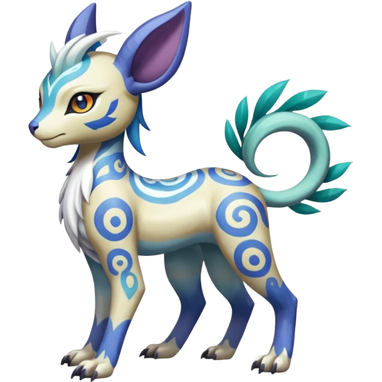 Tropical Tiny Marked Patterned Tribal Colorful Skilled Adept Graceful Asian Painted Garurumon-Meloetta-Absol-Suicune-Cobalion-fusion-hybrid-creature (full body) emoji