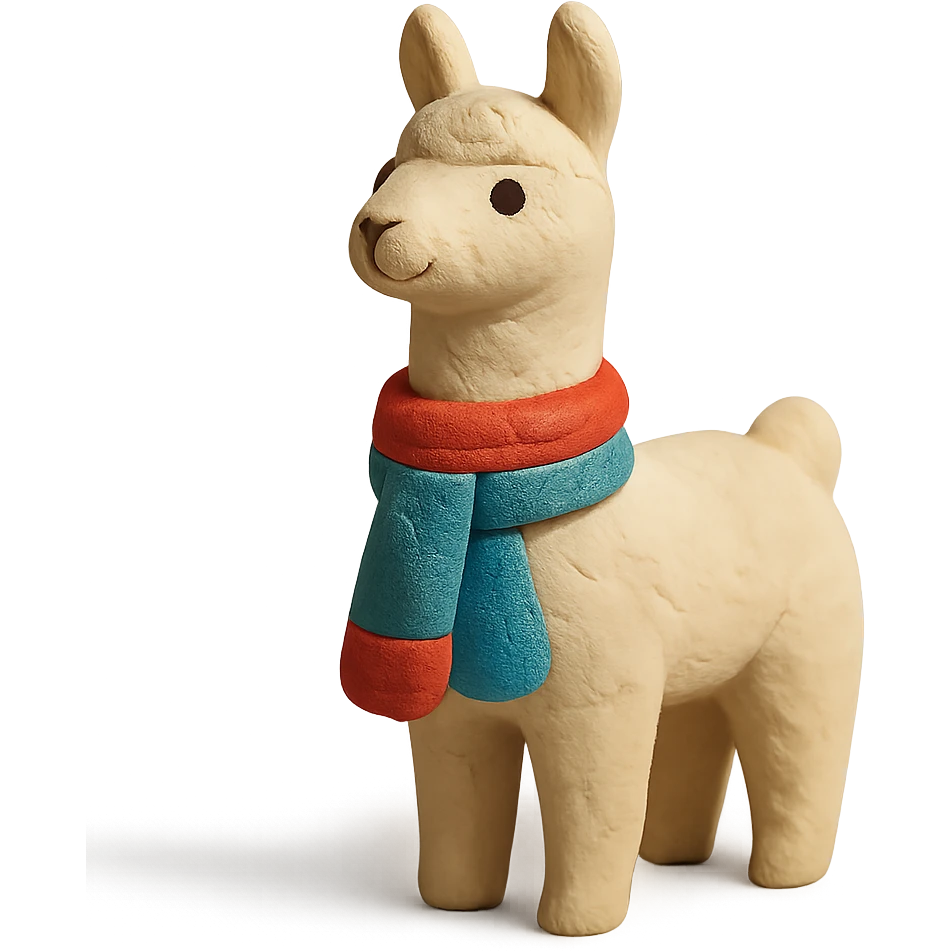 llama in claymation style wearing a colorful scarf with a matte finish emoji
