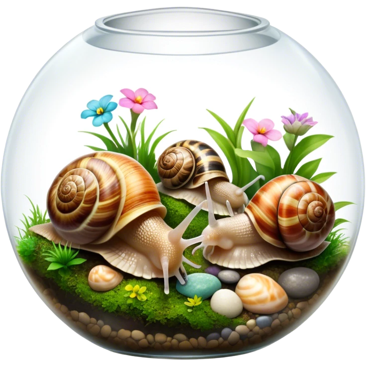 Close-up of large home snails inside a terrarium, showcasing their soft, spiral shells and glistening bodies, with a gentle light highlighting their details. With stones and grass and flowers. Transparent background. emoji
