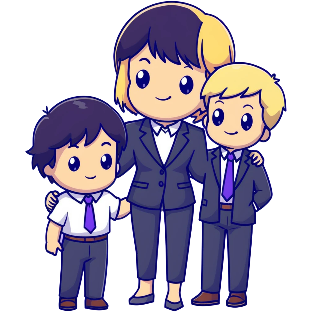The Parr family from Incredibles in civilian clothes - Bob in business suit, Helen in casual clothes, Violet teen with black hair, Dash blonde boy, baby Jack-Jack emoji