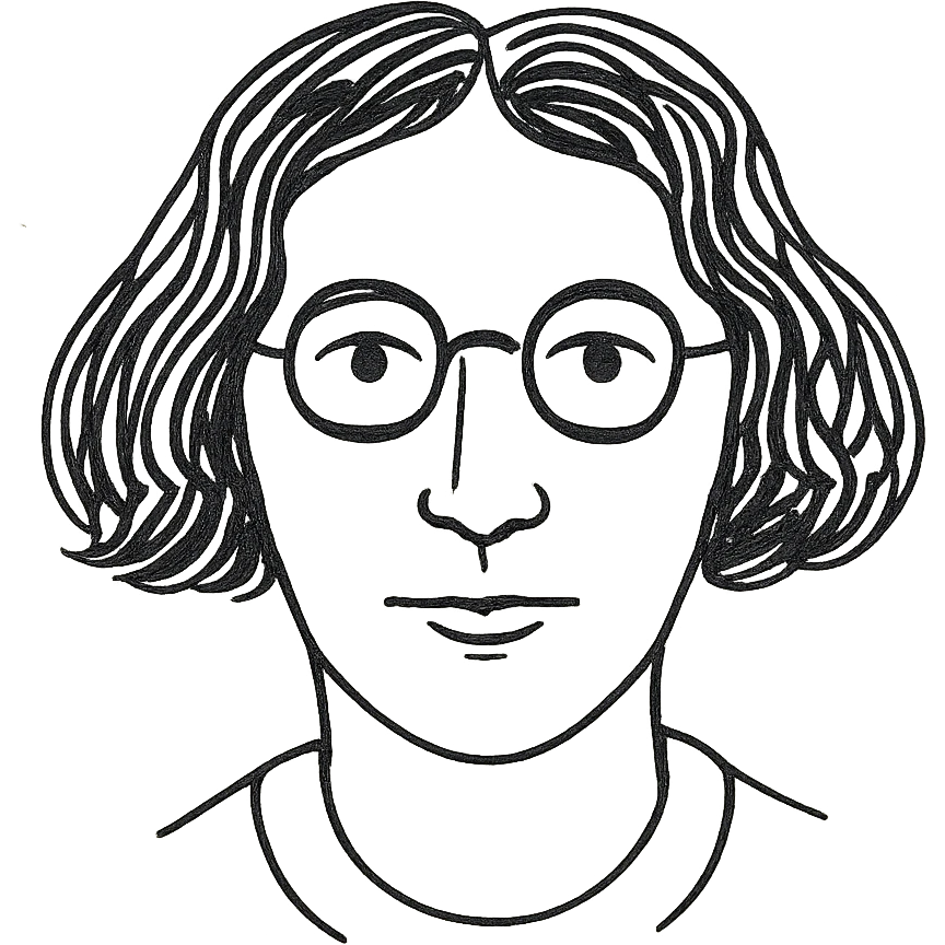 a hand drawn black outline portrait of philosopher Simone Weil with similar size eyes based a famous photograph of her emoji