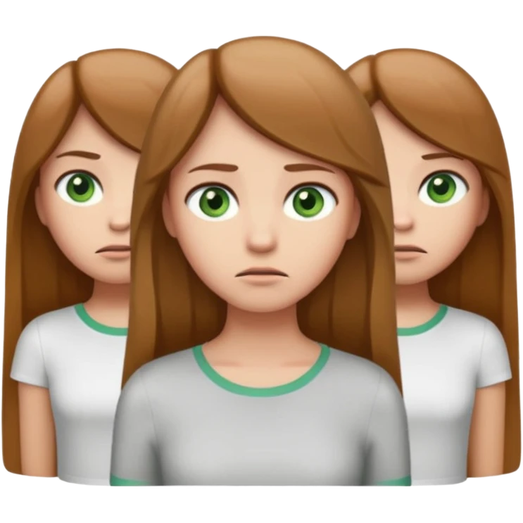 Cartoon emoji of a girl with long, straight light brown hair, fair skin, soft green eyes. Wearing a white top, standing slightly apart from a group, looking unsure and miserable. Nervous, fearful, lacking confidence. Smooth, simple, stylized." emoji