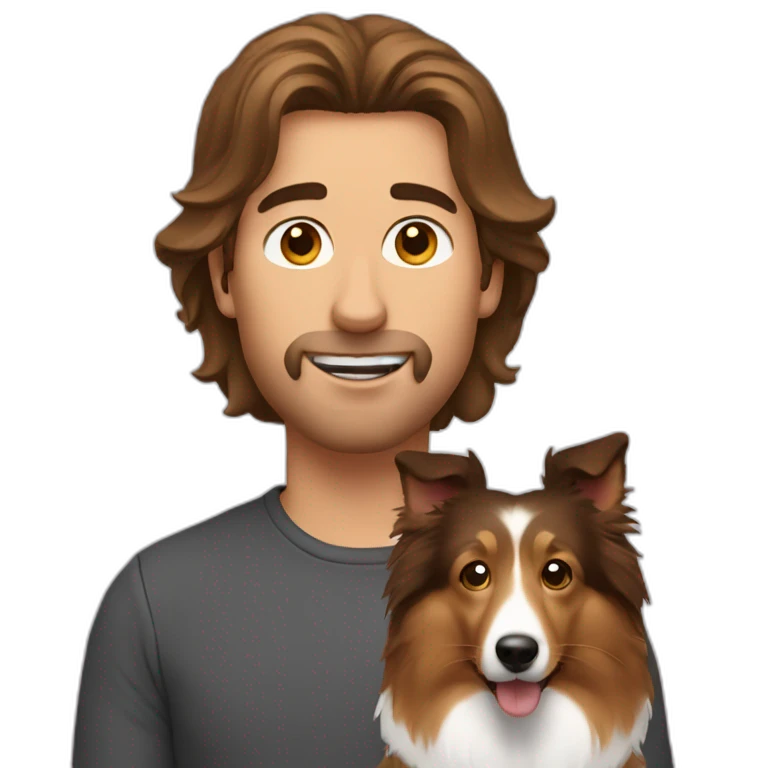 a man with brown hair and a sheltie emoji