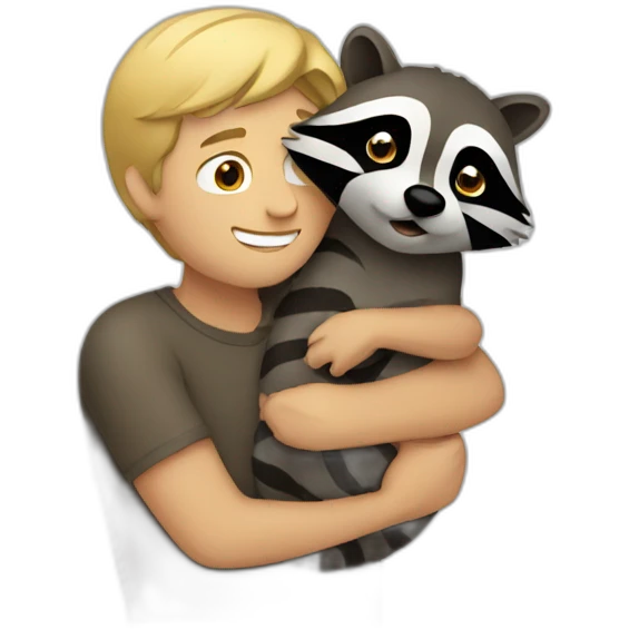 Dark blonde guy hugging a raccoon emoji
